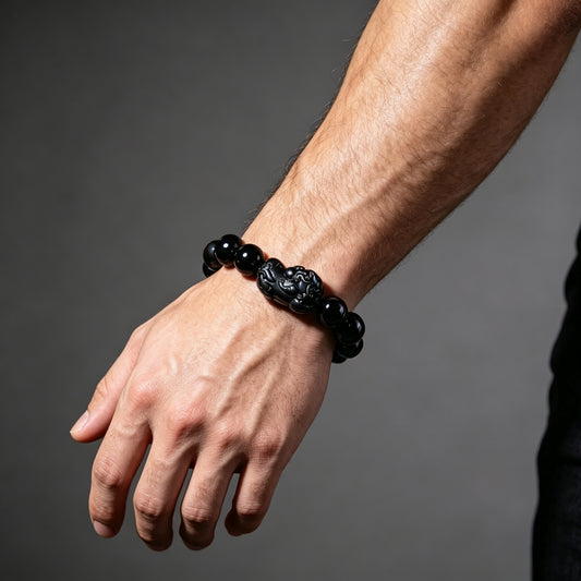 Close-up of black obsidian beads with pixiu charm – WUFORGE