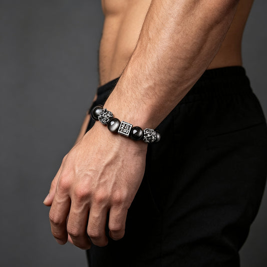 Silver Sheen Obsidian Double Pixiu Bracelet - Wealth Protection