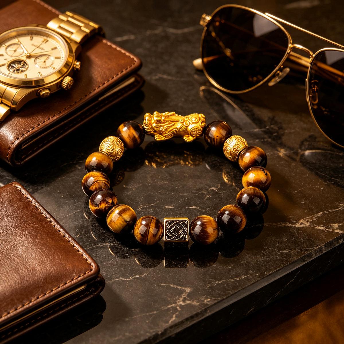 Tiger eye pixiu wealth bracelet close-up – WUFORGE