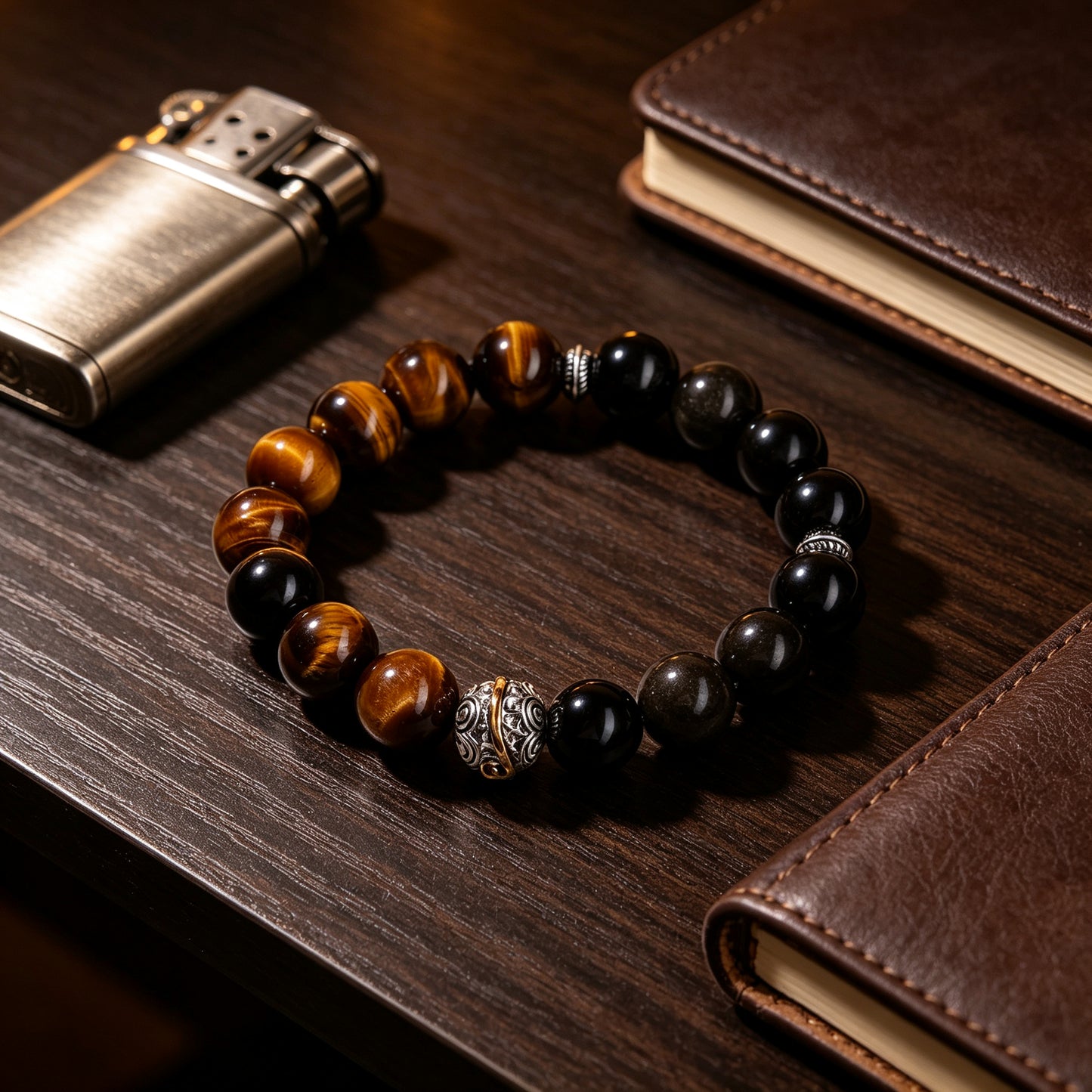 Two-tone tiger eye obsidian bracelet close-up – WUFORGE