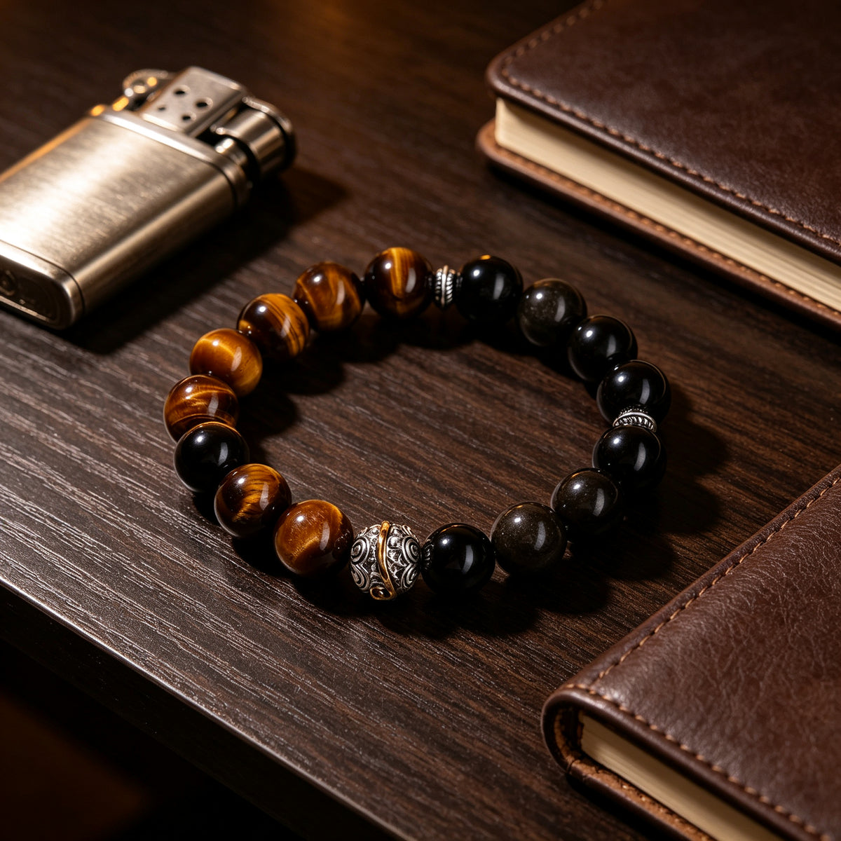 Two-tone tiger eye obsidian bracelet close-up – WUFORGE