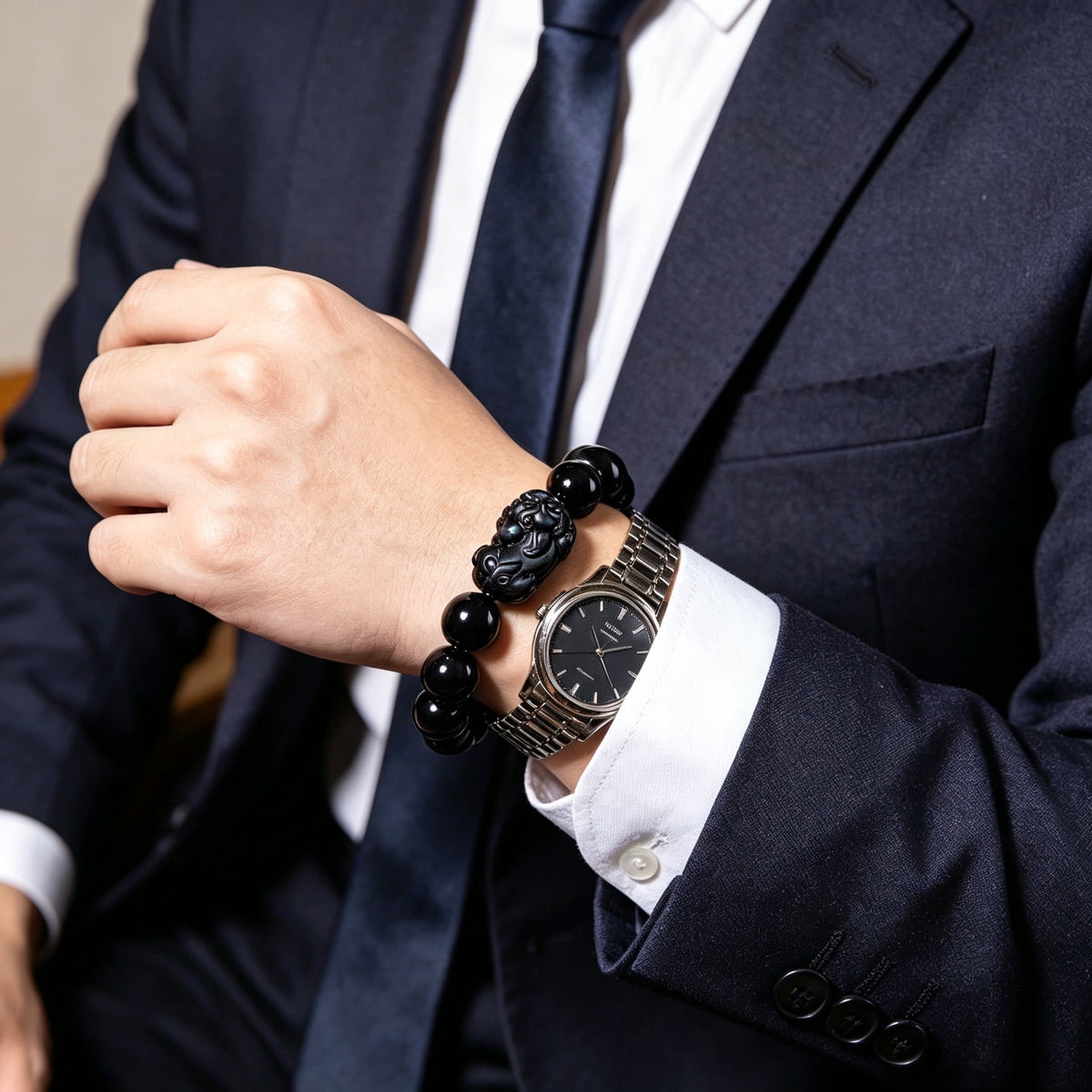 Gold pixiu guardian charm on black obsidian bracelet – WUFORGE