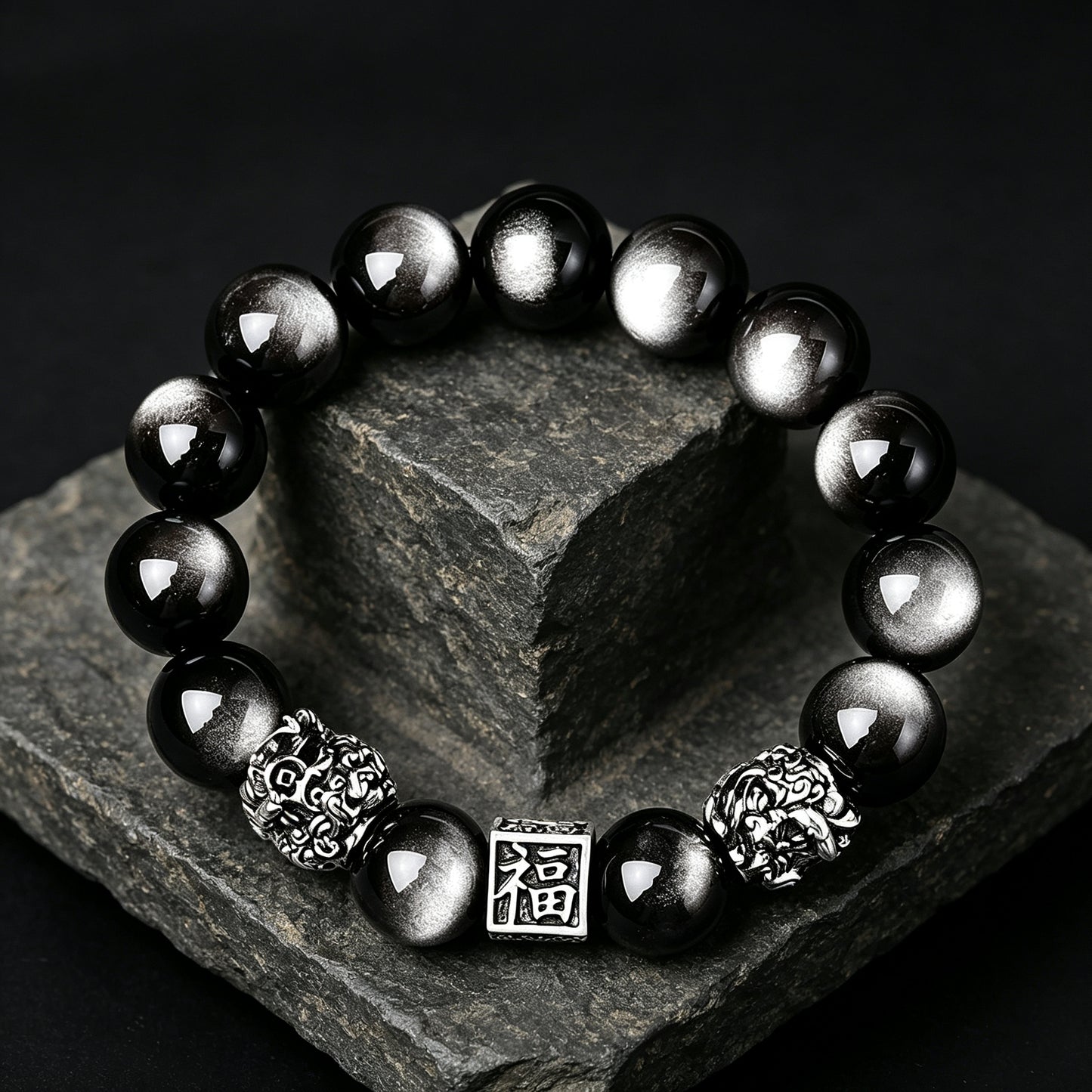 Silver Sheen Obsidian Double Pixiu Bracelet - Wealth Protection