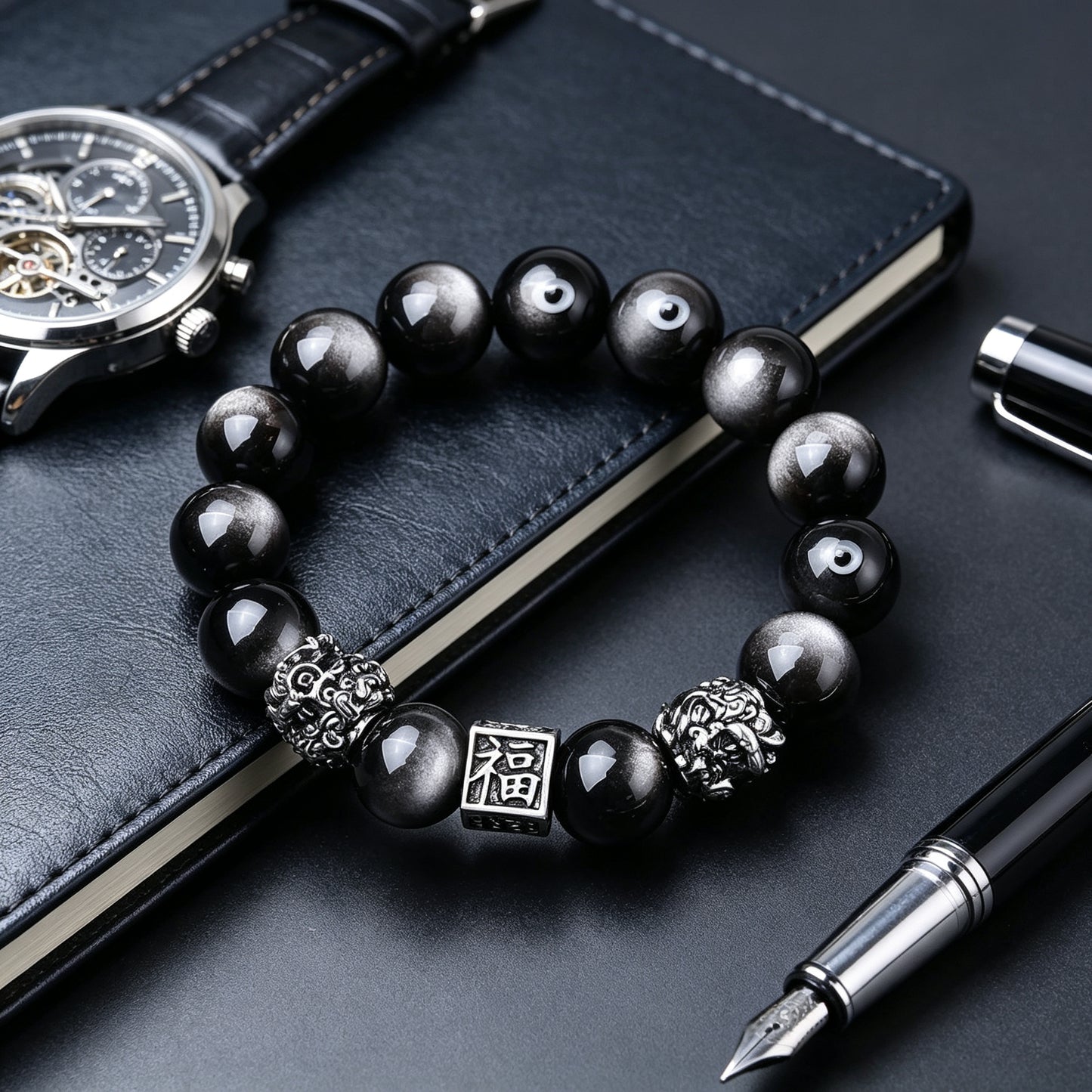 Silver Sheen Obsidian Double Pixiu Bracelet - Wealth Protection
