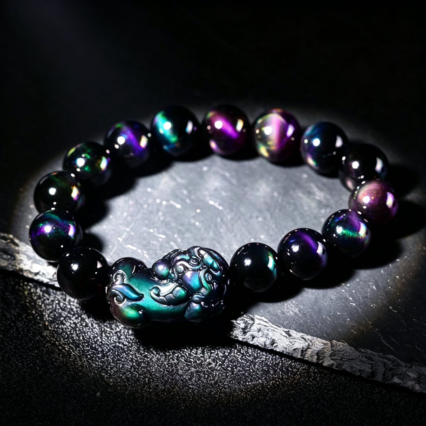 Rainbow Obsidian Pixiu Bracelet — Warrior's Courage