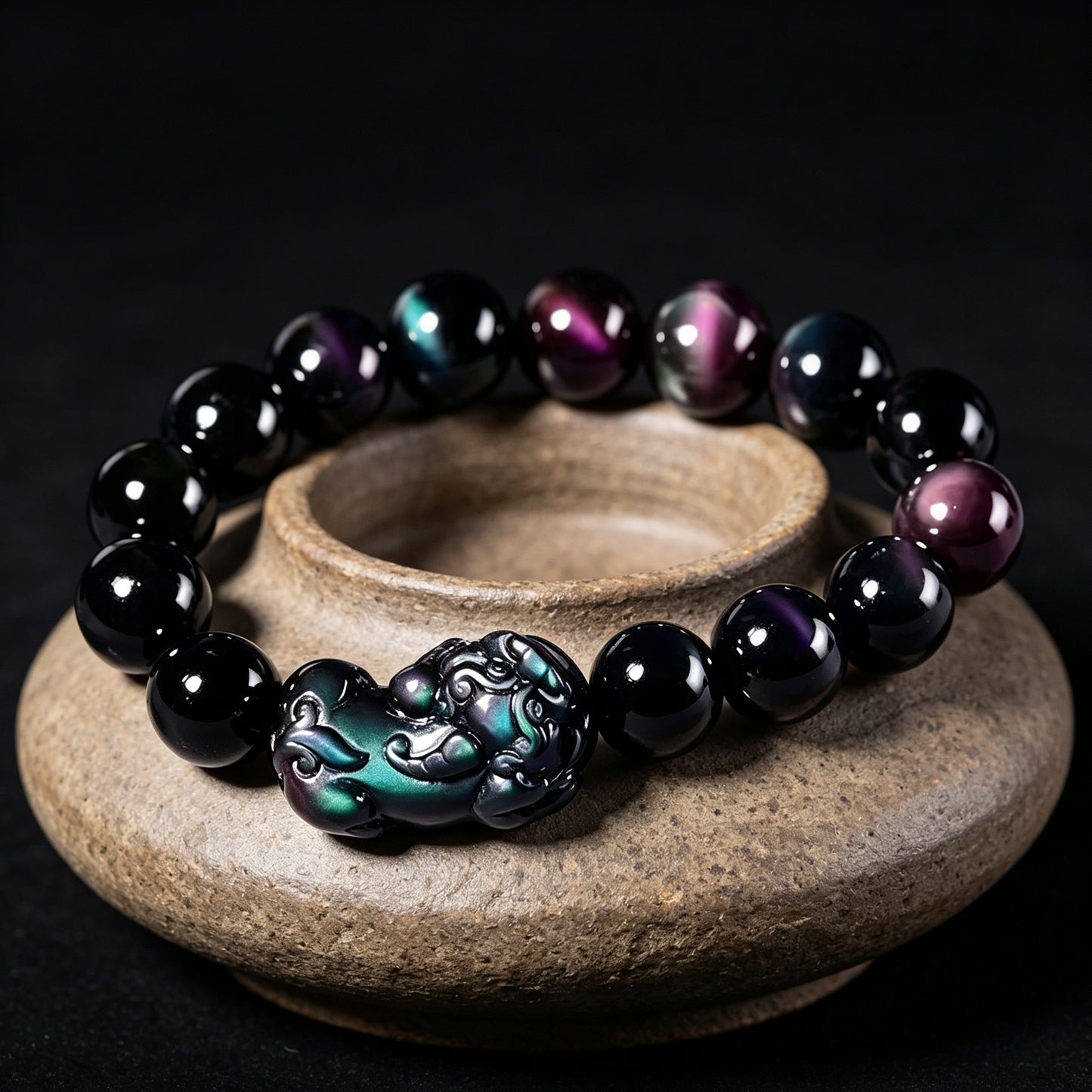 Rainbow Obsidian Pixiu Bracelet — Warrior's Courage