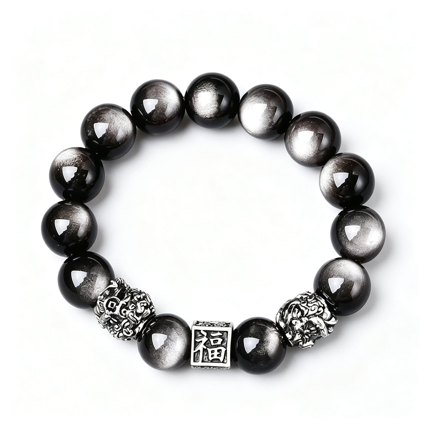Silver Sheen Obsidian Double Pixiu Bracelet - Wealth Protection